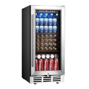 euhomy 15 inch beverage refrigerator cooler under counter 127 cans beverage fridge built-in or freestanding with glass door, led light, beer fridge for soda, water, wine - home kitchen bar.