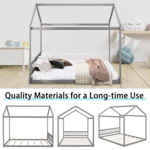 LostCat Queen Size Kids House Bed Frame with Headboard, Wooden Montessori Floor Bed Kids Bed Frame, House Platform Bed for Kids Boys Girls, Wooden Slat Support/No Box Spring Needed, Gray