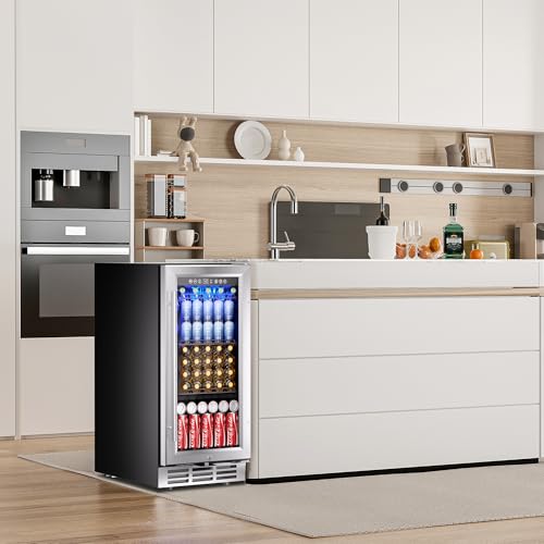 EUHOMY 15 Inch Beverage Refrigerator Cooler Under Counter 127 Cans Beverage Fridge Built-in or Freestanding with Glass Door, LED Light, Beer Fridge for Soda, Water, Wine - Home Kitchen Bar.