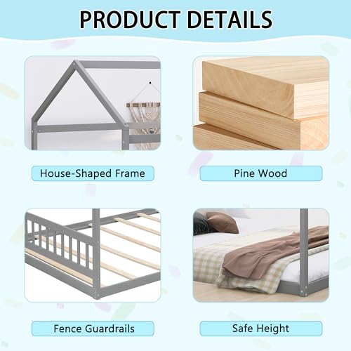 LostCat Queen Size Kids House Bed Frame with Headboard, Wooden Montessori Floor Bed Kids Bed Frame, House Platform Bed for Kids Boys Girls, Wooden Slat Support/No Box Spring Needed, Gray