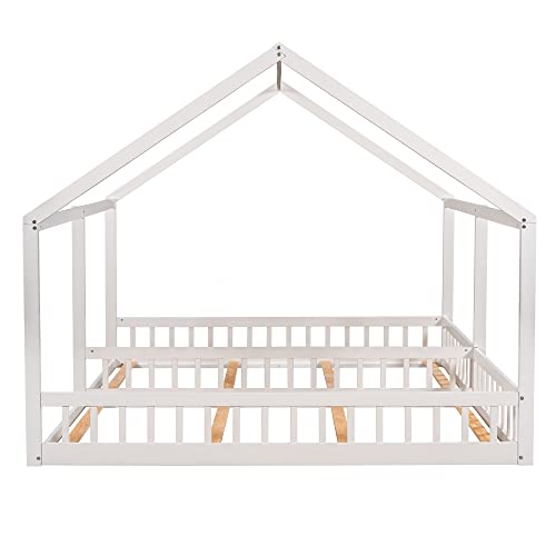 LostCat Wooden Kids Double Bed Frame, Two Shared Beds with Roof, 2 Twin Size House Platform Beds, House Platform Beds with Fence, Montessori Bed for Two Kids Teens Boys Girls, White