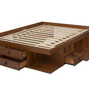 memomad Bali Slim Set: Storage Platform Bed with Drawers + Flat Panel Headboard (Queen Size, Caramel Brown Wood)