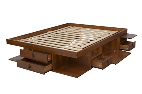 memomad Bali Slim Set: Storage Platform Bed with Drawers + Flat Panel Headboard (Queen Size, Caramel Brown Wood)