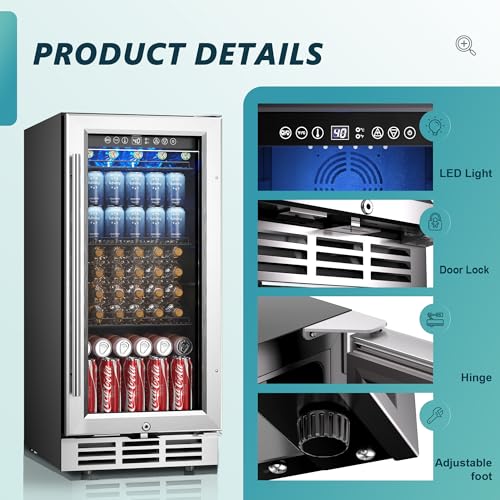 EUHOMY 15 Inch Beverage Refrigerator Cooler Under Counter 127 Cans Beverage Fridge Built-in or Freestanding with Glass Door, LED Light, Beer Fridge for Soda, Water, Wine - Home Kitchen Bar.