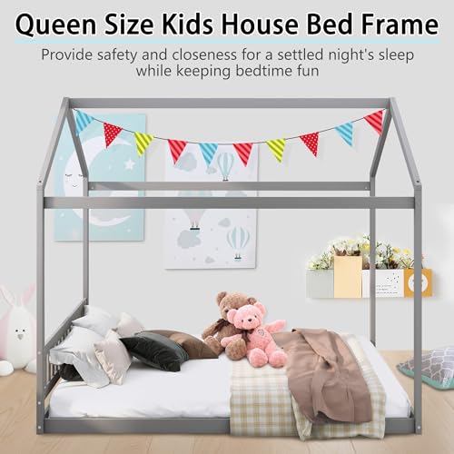 LostCat Queen Size Kids House Bed Frame with Headboard, Wooden Montessori Floor Bed Kids Bed Frame, House Platform Bed for Kids Boys Girls, Wooden Slat Support/No Box Spring Needed, Gray