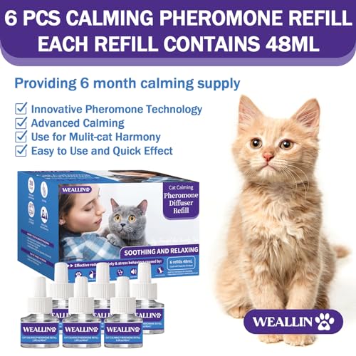 WEALLIN 6 Pack Cat Calming Diffuser Refills - Cat Pheromones Calming Diffuser Refill Relieve Anxiety & Stress 6 Month Supply, Cat Pheromone Diffuser Refills (Fits All Common Diffuser Heads)