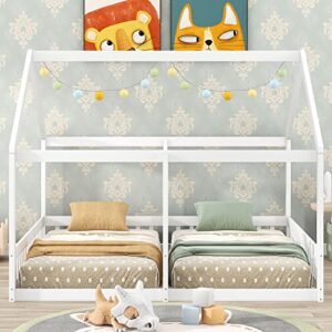 LostCat Wooden Kids Double Bed Frame, Two Shared Beds with Roof, 2 Twin Size House Platform Beds, House Platform Beds with Fence, Montessori Bed for Two Kids Teens Boys Girls, White