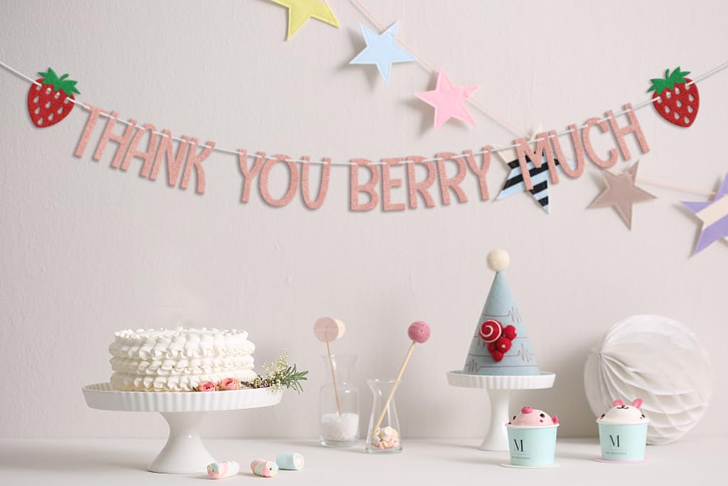 Thank You Berry Much Banner, Strawberry Themed Bachelorette Wedding Bridal Shower Party Decorations, Thanksgiving Day Decoration, Fruit Birthday Baby Shower Party Supplies Rose Gold Red