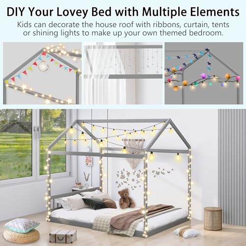 LostCat Queen Size Kids House Bed Frame with Headboard, Wooden Montessori Floor Bed Kids Bed Frame, House Platform Bed for Kids Boys Girls, Wooden Slat Support/No Box Spring Needed, Gray