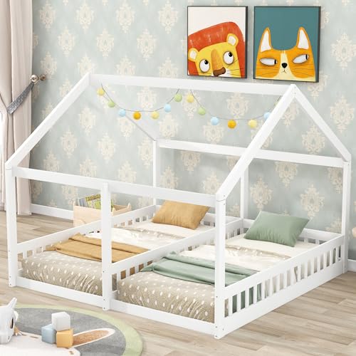 LostCat Wooden Kids Double Bed Frame, Two Shared Beds with Roof, 2 Twin Size House Platform Beds, House Platform Beds with Fence, Montessori Bed for Two Kids Teens Boys Girls, White