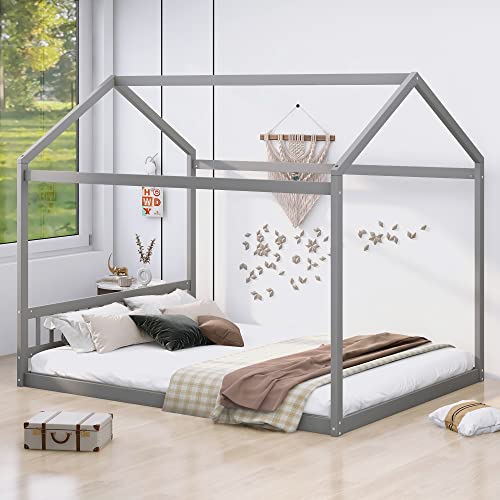 LostCat Queen Size Kids House Bed Frame with Headboard, Wooden Montessori Floor Bed Kids Bed Frame, House Platform Bed for Kids Boys Girls, Wooden Slat Support/No Box Spring Needed, Gray