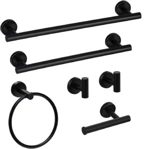 QCHANER 6-PCS Stainless Steel Bathroom Hardware Set, Towel Rack Set Wall Mounted, Home OrganizersHand, Towel Bar, Toilet Paper Holder, Towel Ring, 2 Multifunctional Hooks, Matte Black