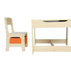 Guangshuohui Wood Table & 2 Chairs Set, 3 in 1 Activity Table w/Storage, Removable Tabletop, Blackboard, 3-Piece Furniture Set for Art, Crafts, Drawing, Reading, Playroom (Wood Color)