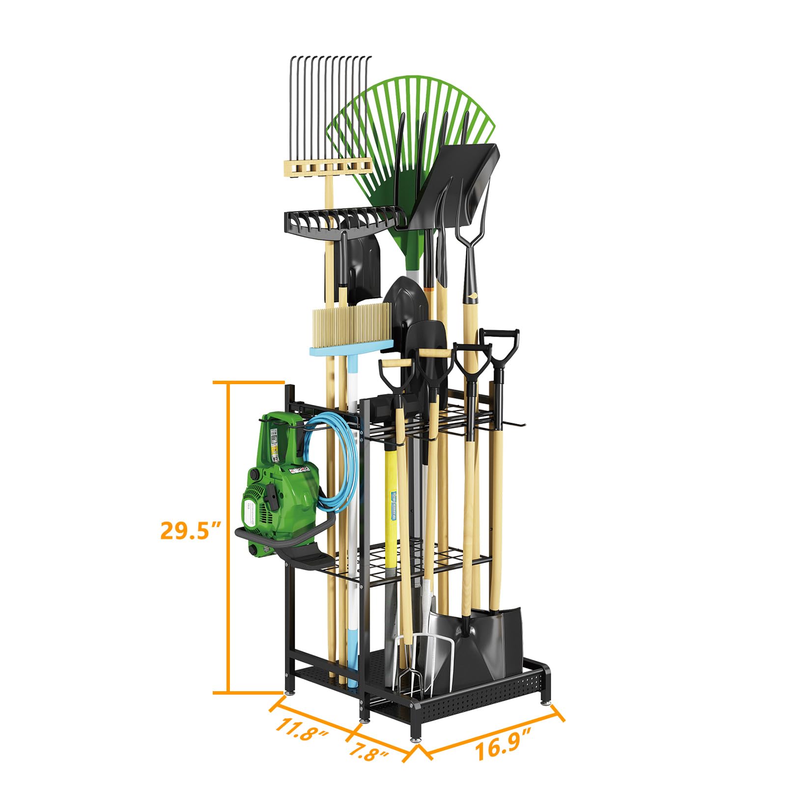 GILLAS Garden Tool Organizer for Garage, Utility Storage Racks with Hooks, Metal Yard Tool Stand Holder Organizer for Long-Handled, Broom, Shovel, Rake, Sturdy Heavy Rack for Outdoor, Yard, Black