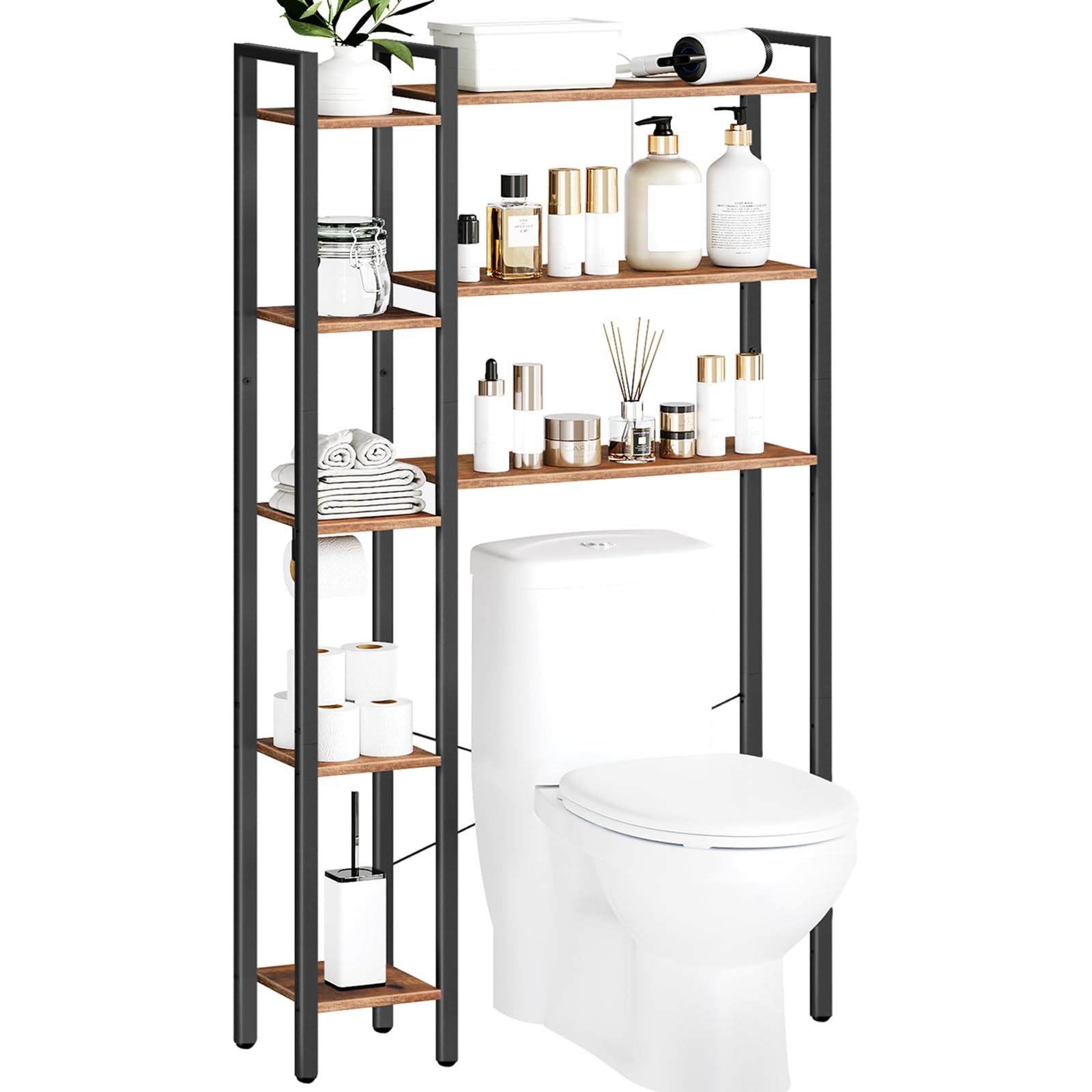 HOOBRO 8-Tier Over The Toilet Storage, Freestanding Bathroom Organizer Space Saver, Mass-Storage Side Storage Open Rack, for Bathroom, Living Room, Laundry, Rustic Brown and Black BF86TS01