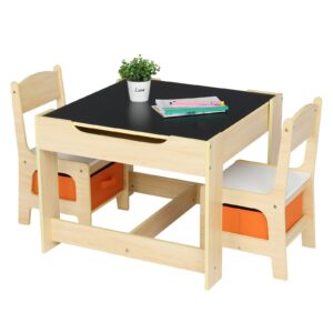 guangshuohui wood table & 2 chairs set, 3 in 1 activity table w/storage, removable tabletop, blackboard, 3-piece furniture set for art, crafts, drawing, reading, playroom (wood color)