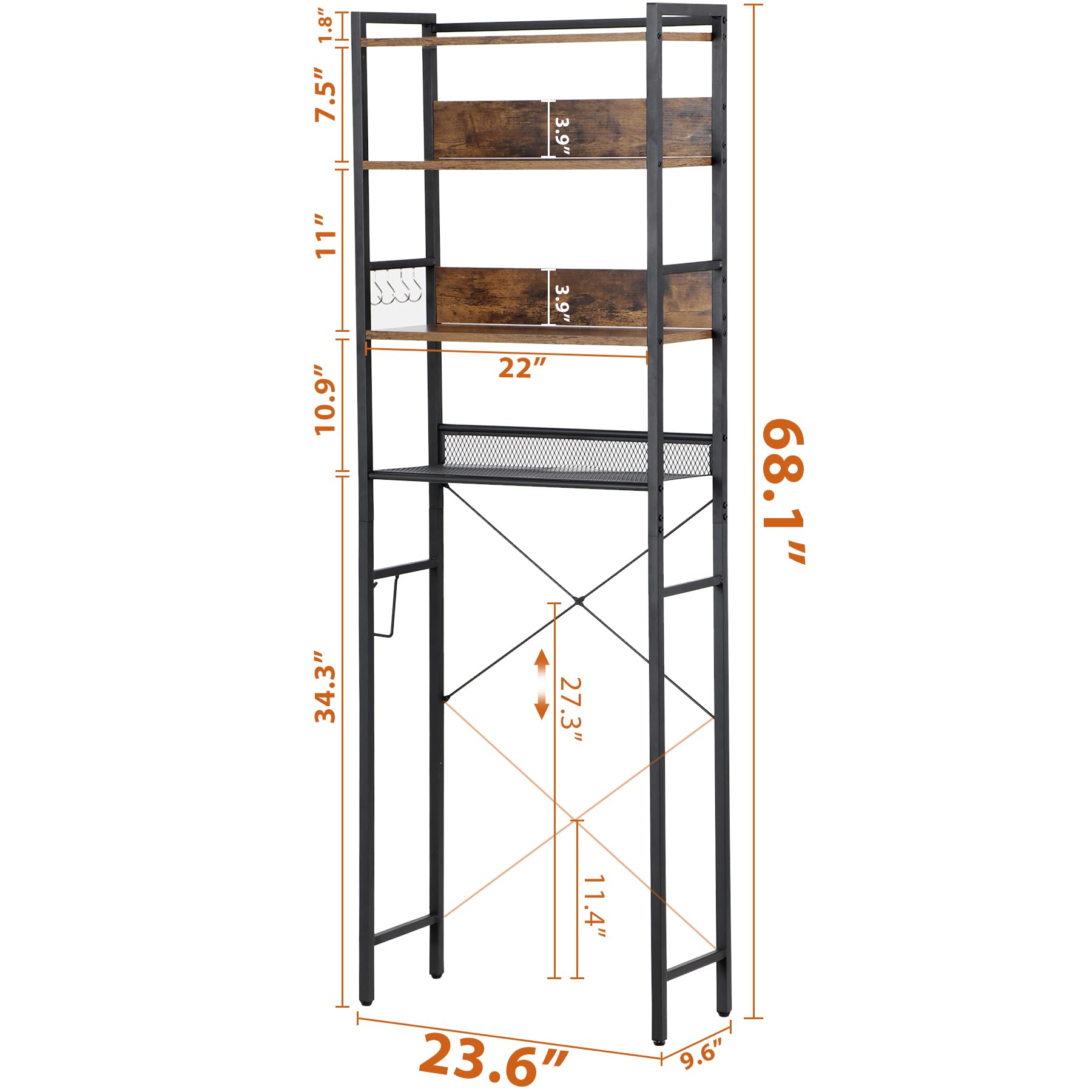 ZENY Over The Toilet Storage, 4-Tier Over Toilet Bathroom Space Saver with Hooks, Over The Toilet Storage Rack, Freestanding Bathroom Organizer, Rustic Brown