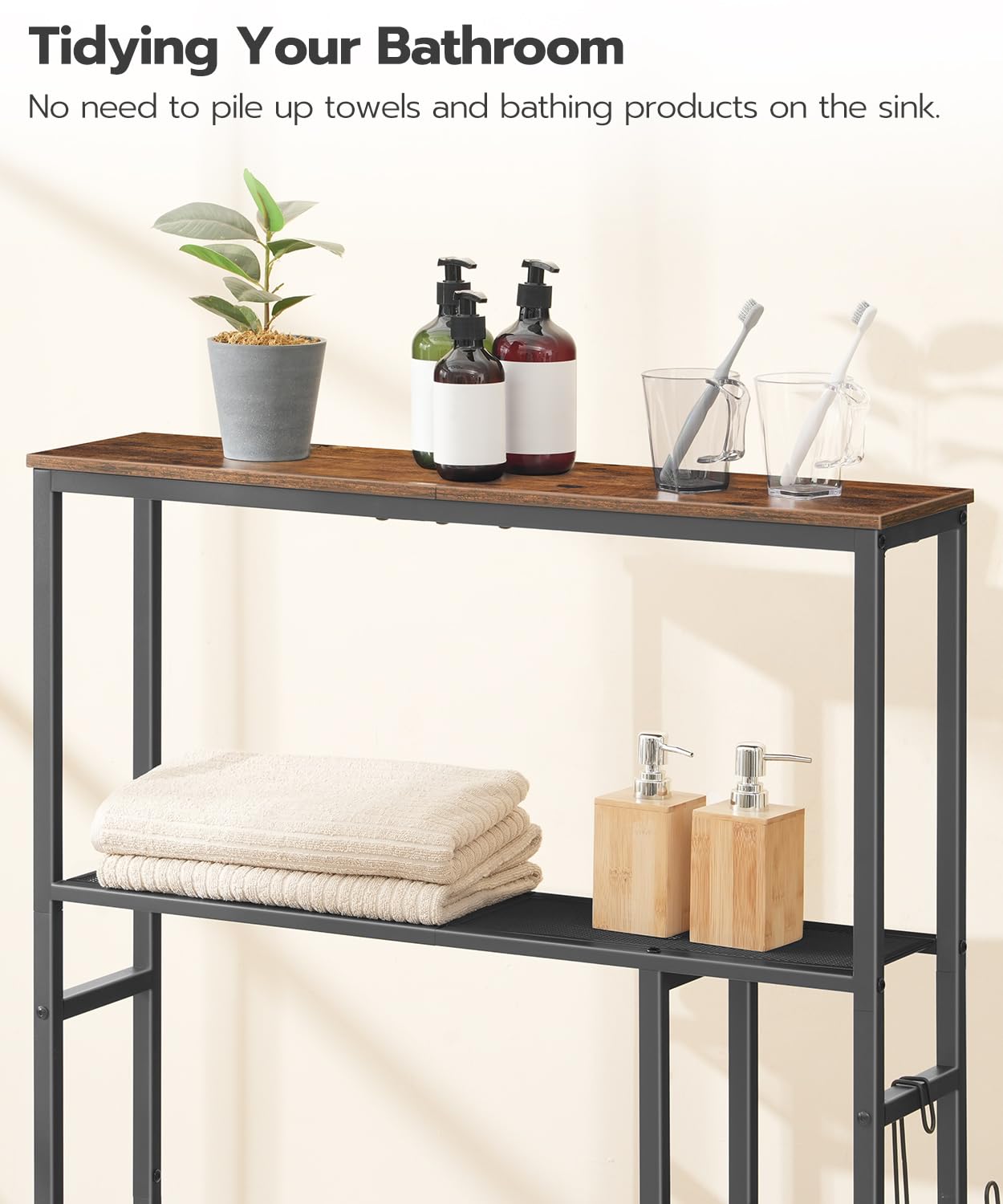 HOOBRO Over The Toilet Storage, 5-Tier Industrial Bathroom Organizer, Bathroom Space Saver with Toilet Paper Holder, Toilet Storage Rack, Small Spaces, Rustic Brown and Black BF84TS01