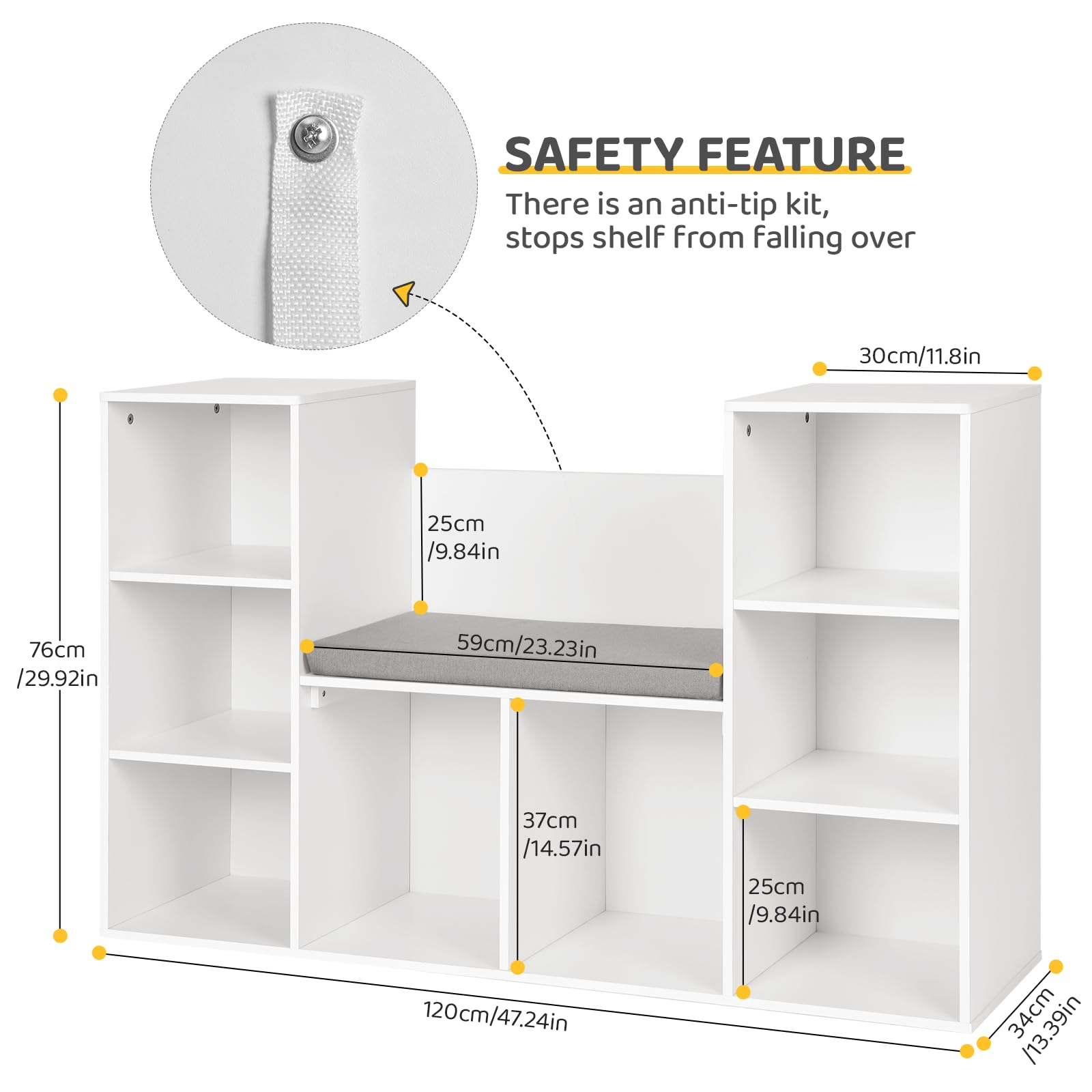 Cowiewie Kids Bookshelf with Reading Nook, 8-Cubby Toy Storage Organizer with Seat Cushion, Toy Storage for Bedroom, Playroom, Kids Room, 13.39" D x 47.24" W x 29.92" H, White