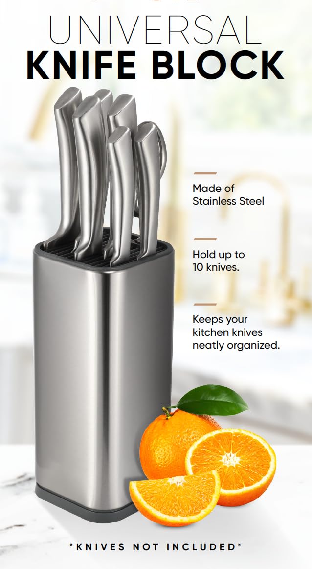 Dura Living Universal Knife Block Holder, Stainless Steel Knife Stand Without Knives, Safe Space Saver Stable Knife Storage with Scissors Slot, Detachable for Easy Cleaning, Kitchen Organizer, Silver