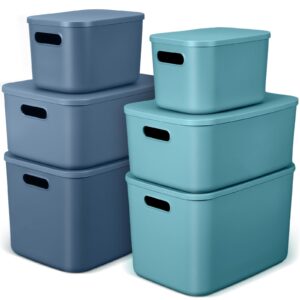 ziliny 6 pcs plastic storage bins with lids large medium small storage container under bed under sink organizer with handles for closet cabinet pantry organization (blue green)