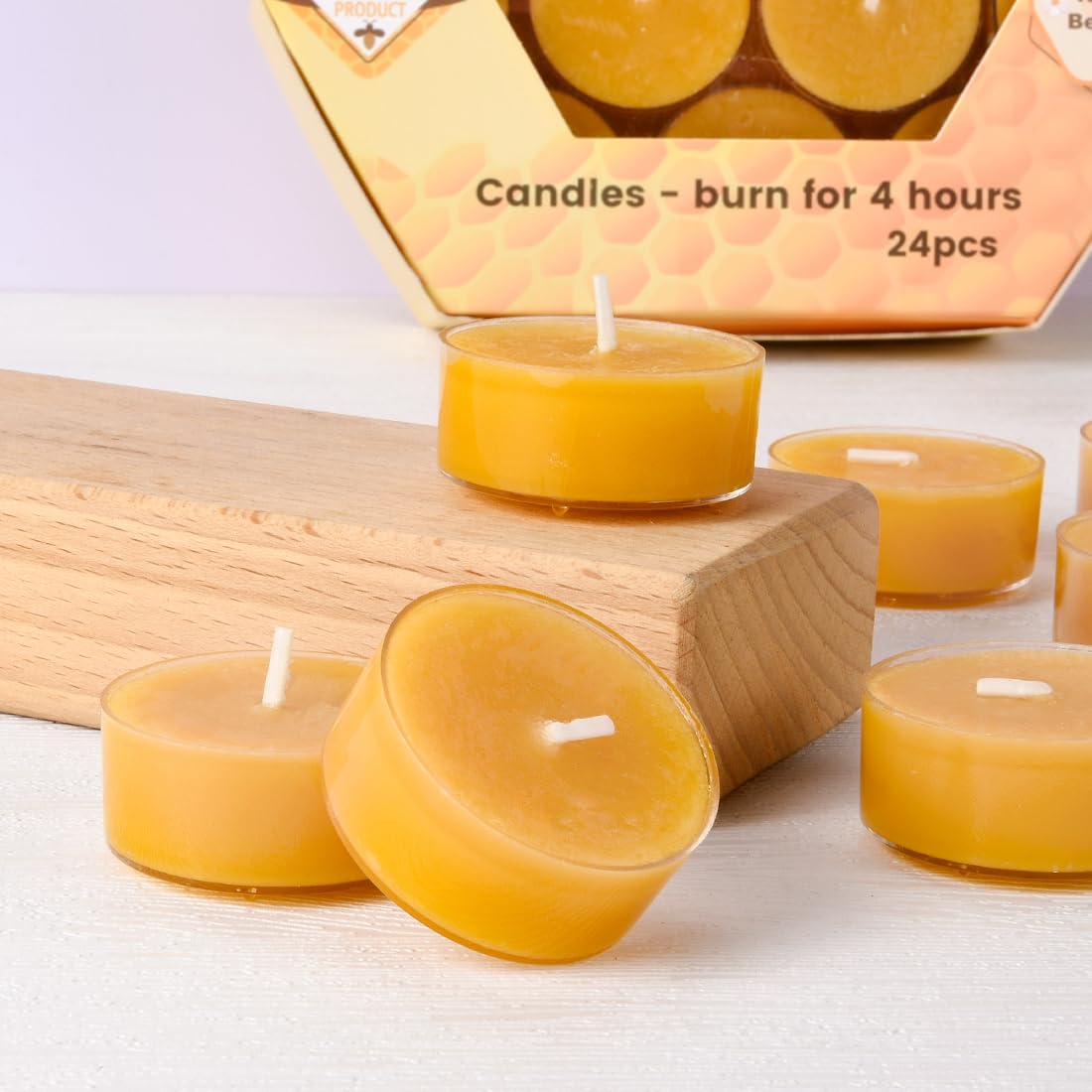 100% Pure Beeswax Candles Bulk Tealights ( 24 pack ) - 4 Hour Long Burning Clear Cup Tea Light, Natural Bee Wax | Yellow Scented Smokeless Candles