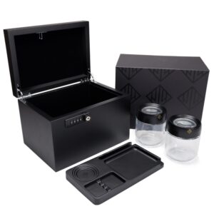 j.liberty wooden stash box with lock - includes 2 glass stash jars and removabletray - decorative box (matte black) (xl)