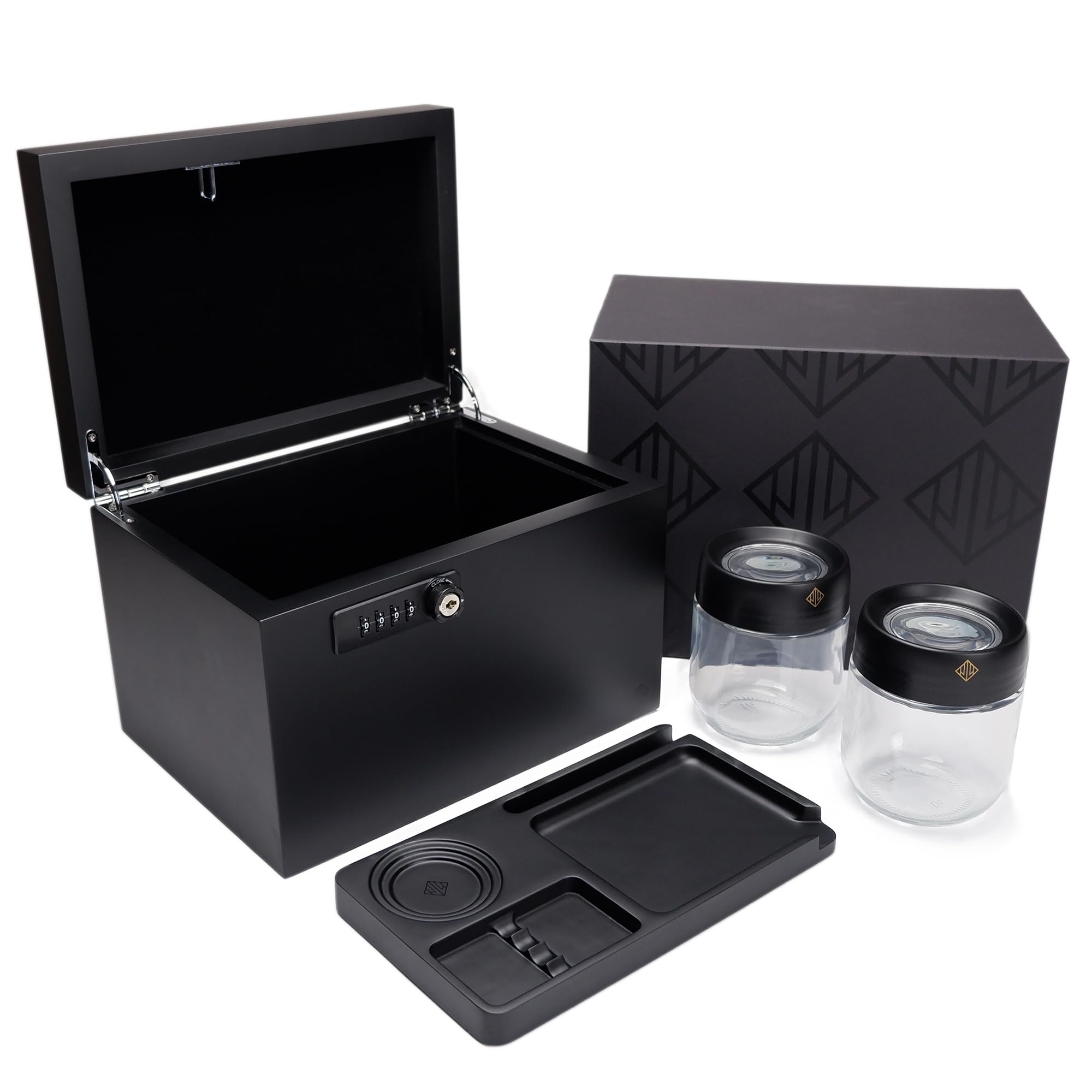 J.LIBERTY Wooden Stash Box with Lock - Includes 2 Glass Stash Jars and RemovableTray - Decorative Box (Matte Black) (XL)