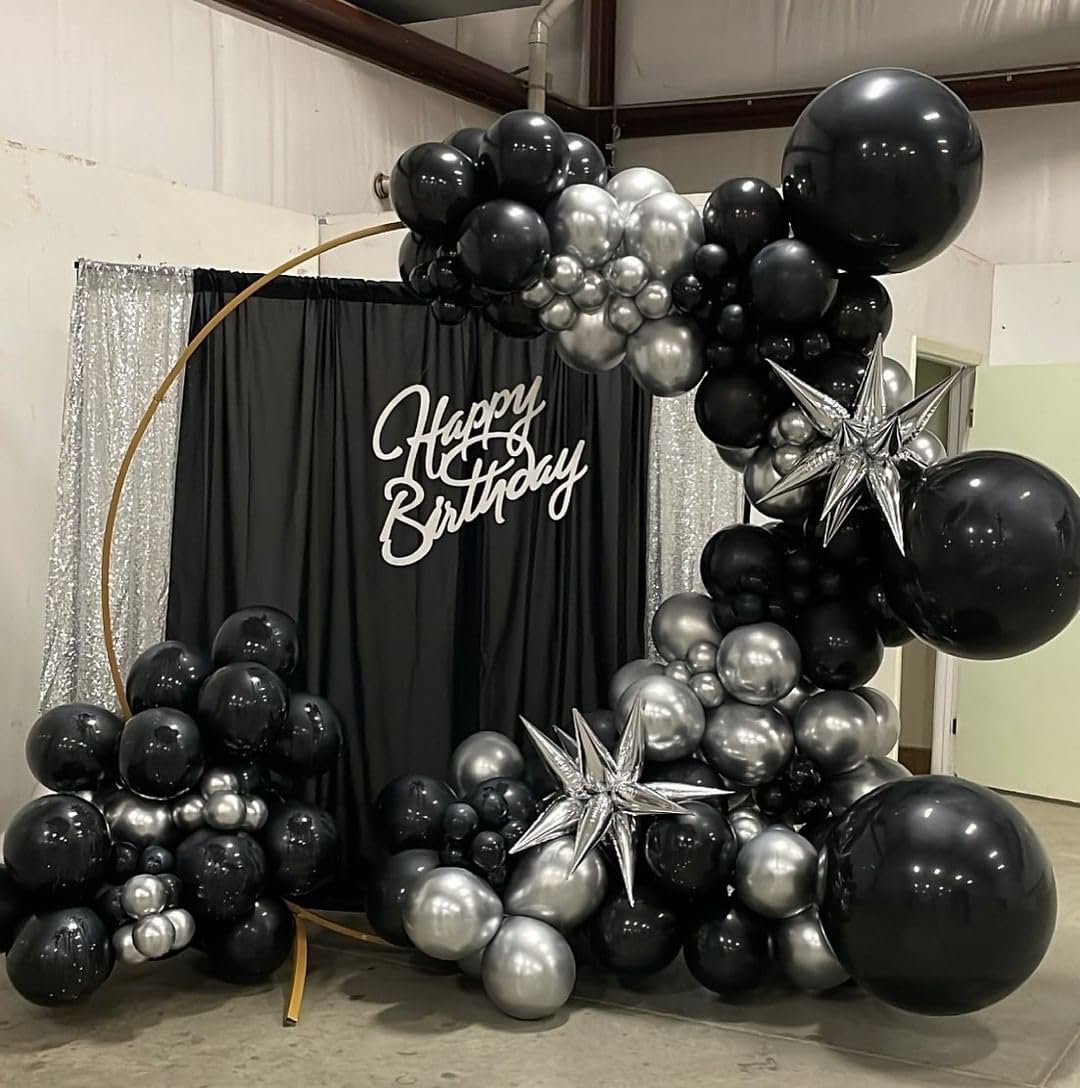 ADOINBY Black and Silver Balloon Arch Kit, 140Pcs Different Sizes inch Black Metallic Silver Balloons and Confetti Party Balloon Garland Kit for Birthday, Wedding, Graduation, Anniversary Decorations