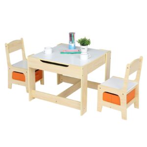 Guangshuohui Wood Table & 2 Chairs Set, 3 in 1 Activity Table w/Storage, Removable Tabletop, Blackboard, 3-Piece Furniture Set for Art, Crafts, Drawing, Reading, Playroom (Wood Color)