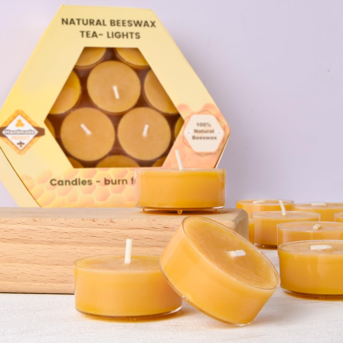 100% Pure Beeswax Candles Bulk Tealights ( 24 pack ) - 4 Hour Long Burning Clear Cup Tea Light, Natural Bee Wax | Yellow Scented Smokeless Candles