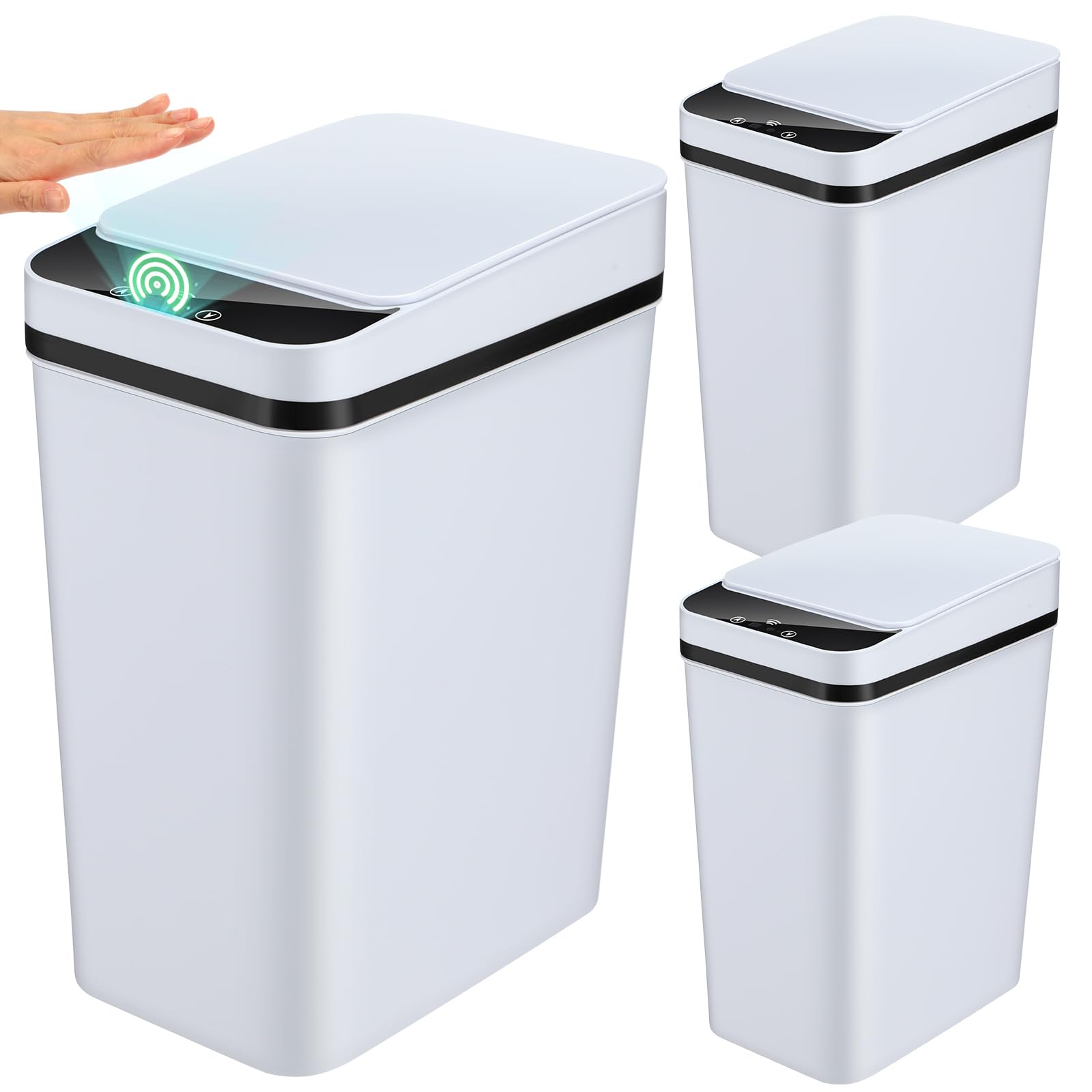 Maxcheck 3 Pcs Automatic Bathroom Trash Can with Lid 3 Gallon Touchless Motion Sensor Small Slim Garbage Can Smart Electric Narrow Waterproof Garbage Bin for Kitchen Bedroom Office Toilet, White