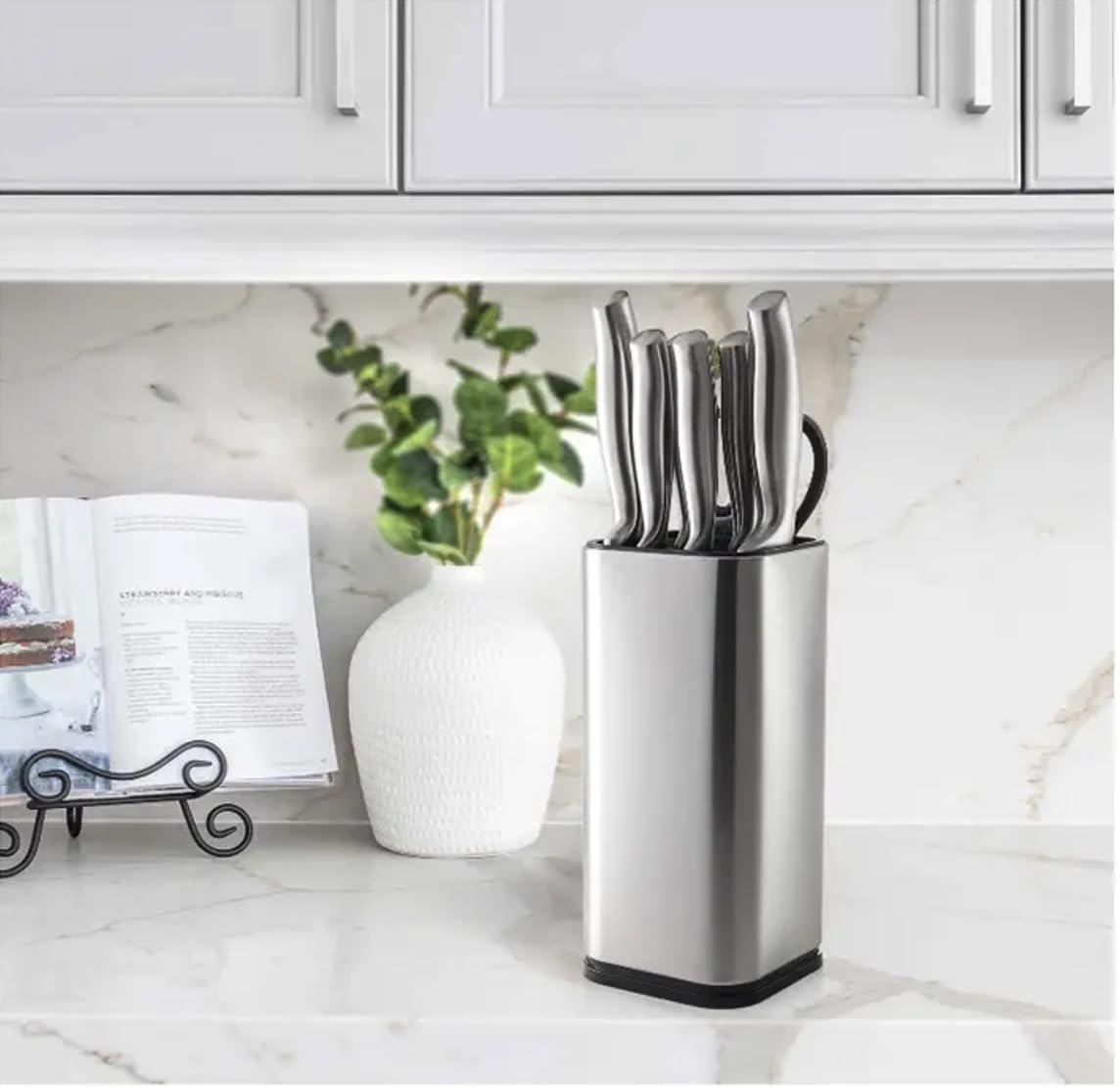 Dura Living Universal Knife Block Holder, Stainless Steel Knife Stand Without Knives, Safe Space Saver Stable Knife Storage with Scissors Slot, Detachable for Easy Cleaning, Kitchen Organizer, Silver