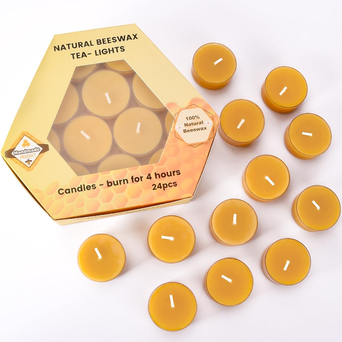 100% Pure Beeswax Candles Bulk Tealights ( 24 pack ) - 4 Hour Long Burning Clear Cup Tea Light, Natural Bee Wax | Yellow Scented Smokeless Candles