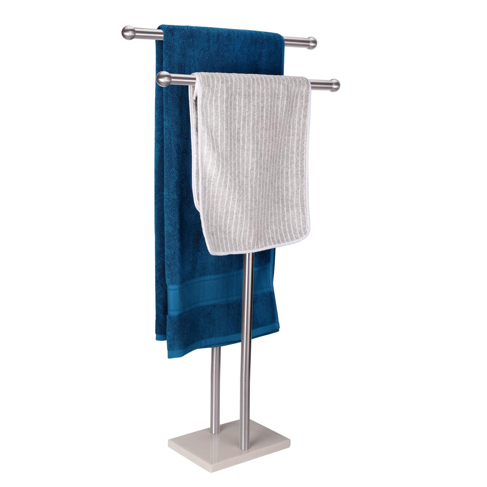 WAYDELI Standing Towel Rack Double-T Shape Tall Bath Towel Sheet Holder with Marble Design Base for Bathroom 2 Tier Towel Holder Stand Stainless Steel (Brushed Nickel)