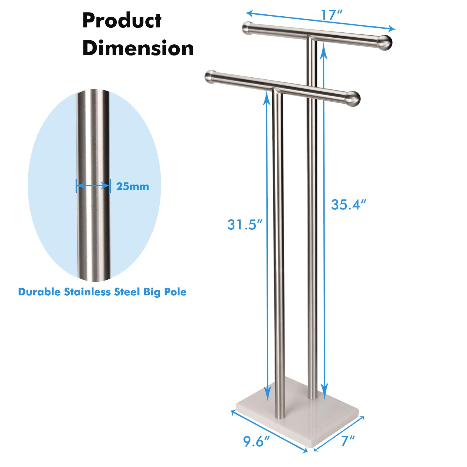 WAYDELI Standing Towel Rack Double-T Shape Tall Bath Towel Sheet Holder with Marble Design Base for Bathroom 2 Tier Towel Holder Stand Stainless Steel (Brushed Nickel)