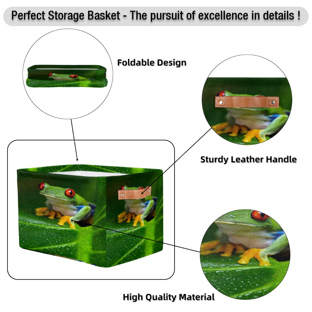 XMNYGJ Tree Frog Palm Leaf Storage Baskets Foldable Large Fabric Storage Bins for Organizing Toys, Clothes, Shelves, Closet, 15x11x9.5 Inches Storage Box with Handles 2-Pack