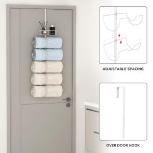 X-cosrack 6-Tier Over The Door Towel Racks for Bathroom - Wall Mounted Metal Towel Holder - Adjustable Rolled Towel Organizer Hanging Towel Storage, Matte White