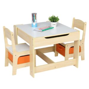 Guangshuohui Wood Table & 2 Chairs Set, 3 in 1 Activity Table w/Storage, Removable Tabletop, Blackboard, 3-Piece Furniture Set for Art, Crafts, Drawing, Reading, Playroom (Wood Color)