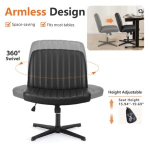 Sweetcrispy Office Chair No Wheels - Armless Desk Chair No Wheels Cross Legged Office Chair Wide Swivel Leather Home Office Desk Chairs