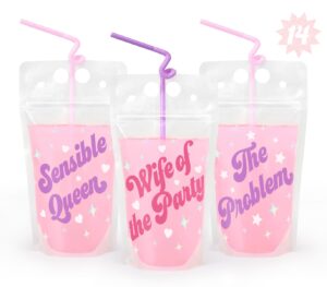 xo, fetti bachelorette party drink pouches - 14 pcs | bach party cups, bridesmaid names decorations, maid of dishonor favors, wife of the party