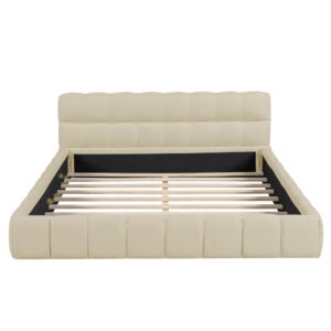 Modern Queen Size Upholstered Platform Bed with Thick Fabric, Linen Fabric Grounded Bed with Solid Wood Frame for Kids Teens Adults Like Cloud Bread (Beige-@1)