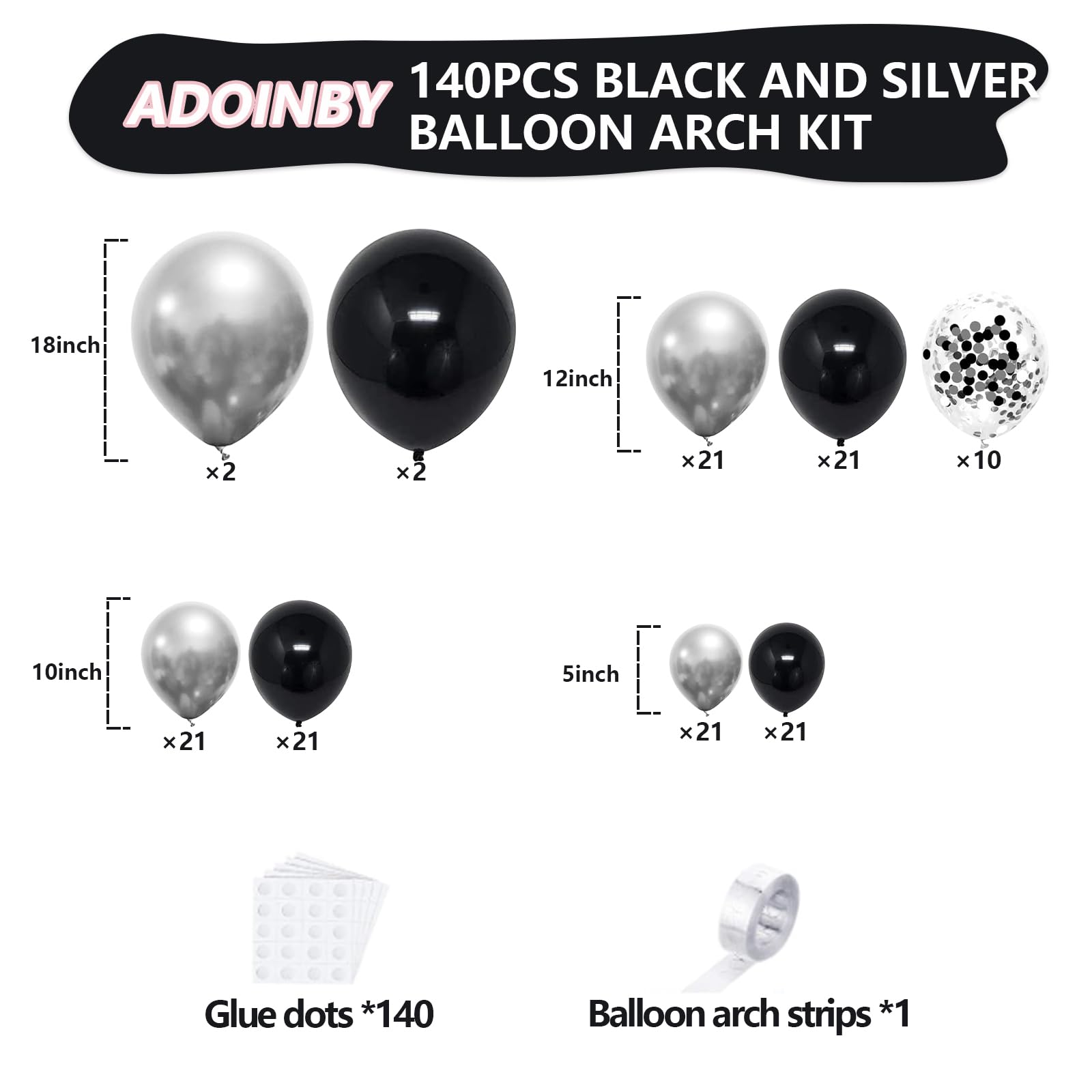 ADOINBY Black and Silver Balloon Arch Kit, 140Pcs Different Sizes inch Black Metallic Silver Balloons and Confetti Party Balloon Garland Kit for Birthday, Wedding, Graduation, Anniversary Decorations