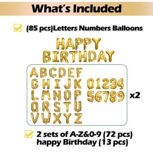 [85 PCS] 16" Gold Letter Number Balloons, Happy Birthday & 2 Sets of A-Z 0-9, Foil Mylar Aluminum Hanging Alphabet for Graduation New Year eve Birthday Party Decorations