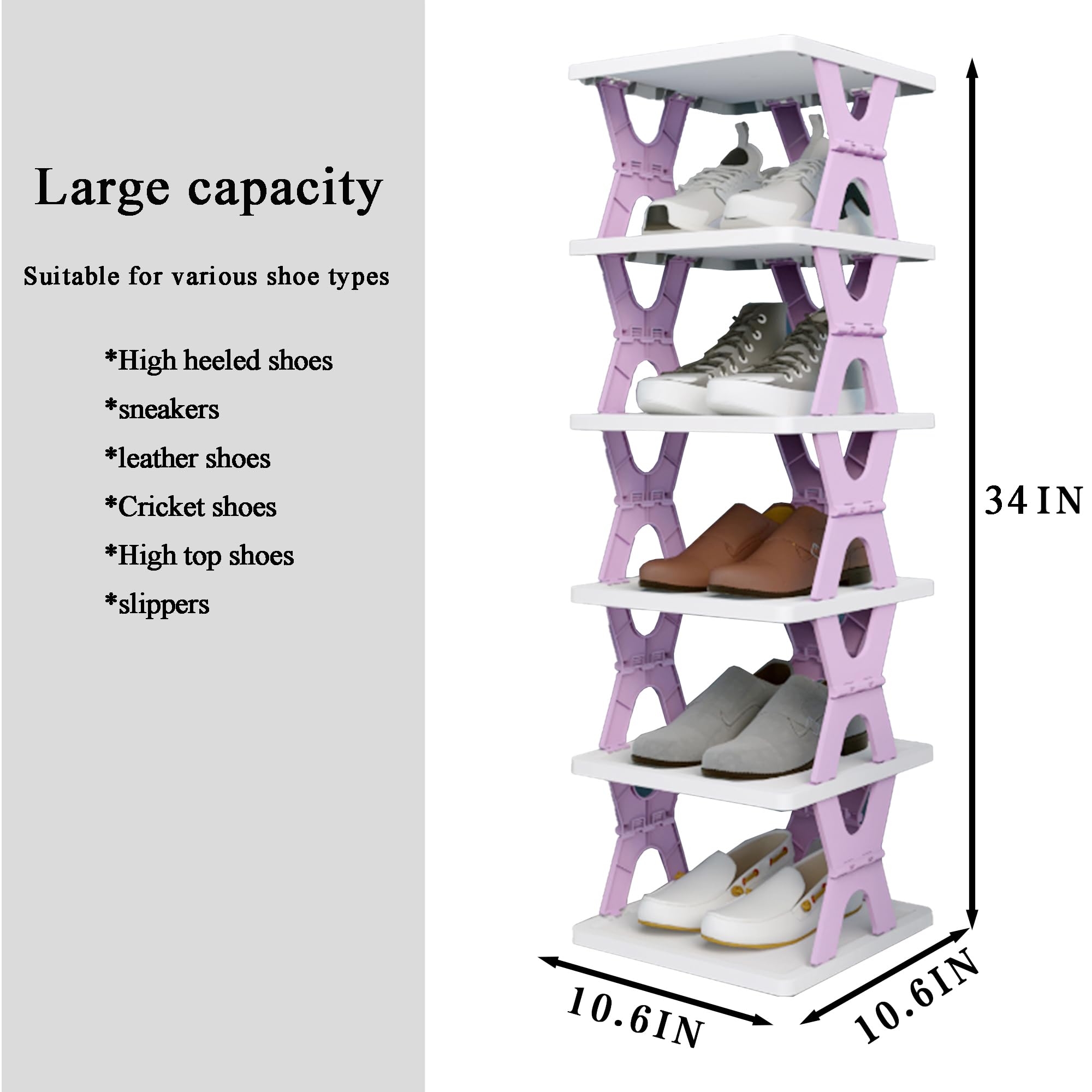 HUYFGDYSA 6 Tier Kids Shoe Rack Narrow Free Installation Foldable Organizer- Small Shoe Rack for Front Door Entrance Shoe Storage Flexible and Shoe Shelf Space Saving Organizer for Closet(Purple-X)