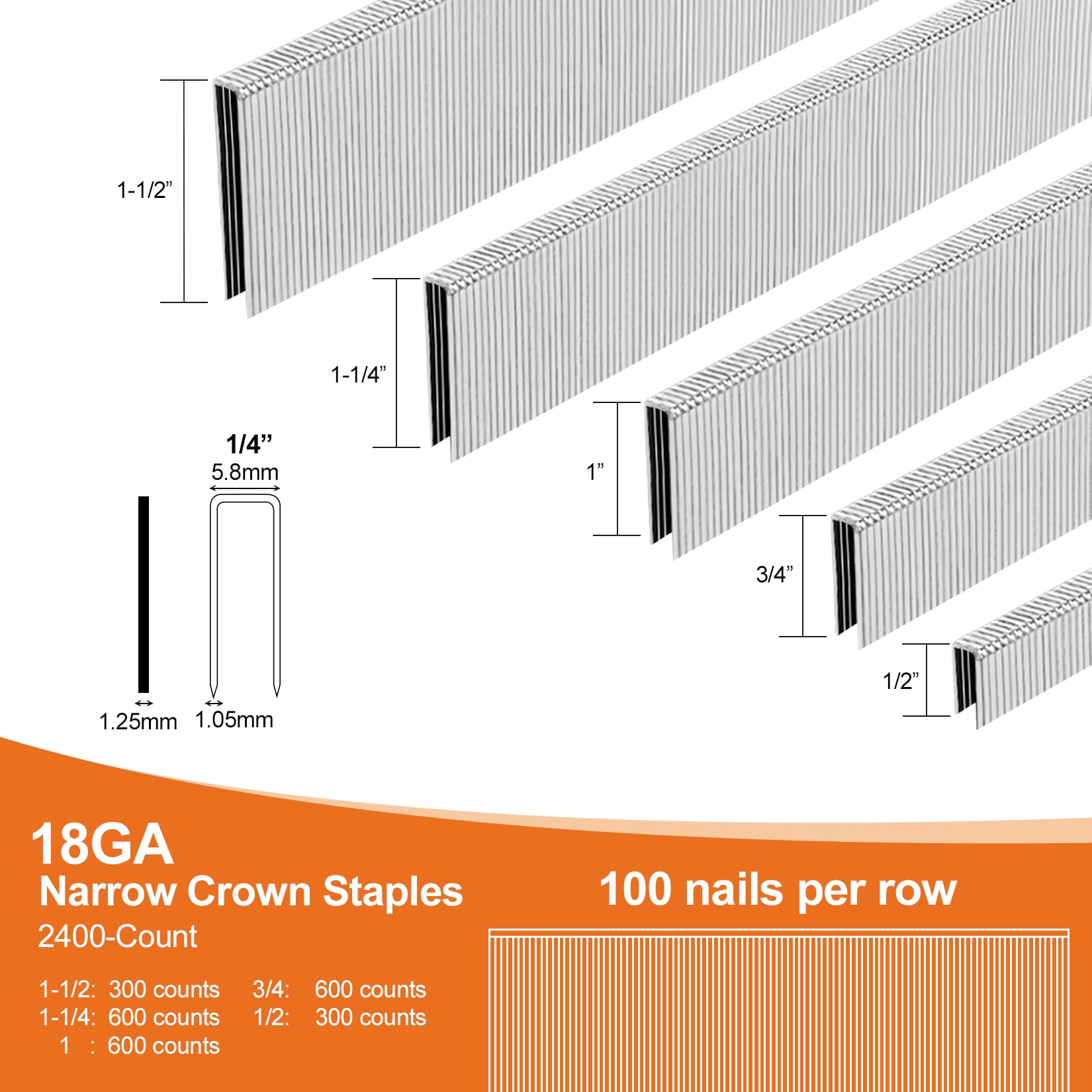 PINOZE 4200-Count 18 Gauge 1/4" Narrow Crown Staples (1-1/2" 1-1/4" 1" 3/4" 1/2") & 18GA Brad Nails (2" 1" 5/8"), Heavy Duty Galvanized Upholstery Staple for Pneumatic/Electric Stapler Gun/Brad Nailer