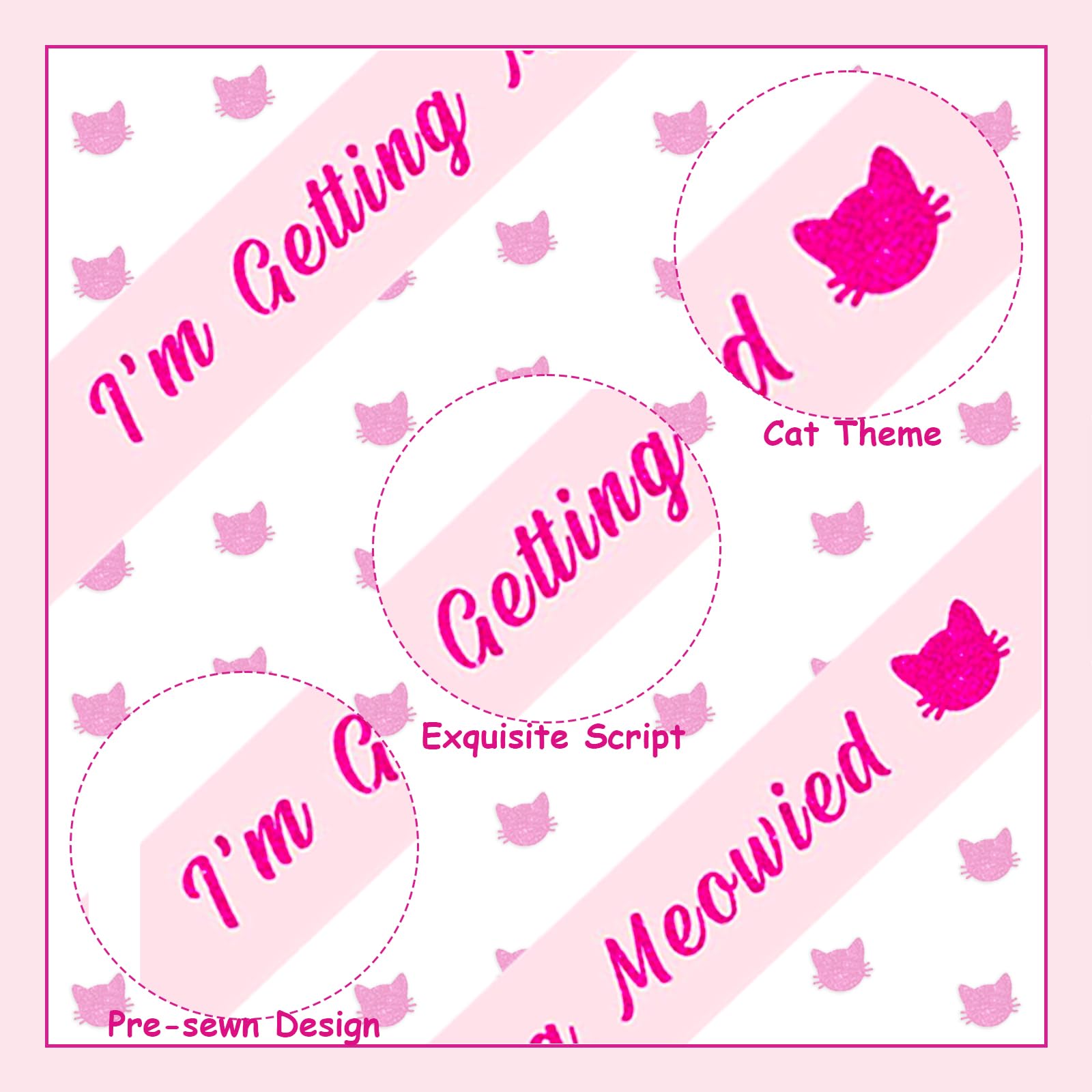 JOYMEMO Cat Bachelorette Party Decorations - Im Getting Meowied Sash, Hot Pink Soft Satin Glitter Bridal Sash, Cat Themed Bridal Shower, Engagement Party Favors Supplies