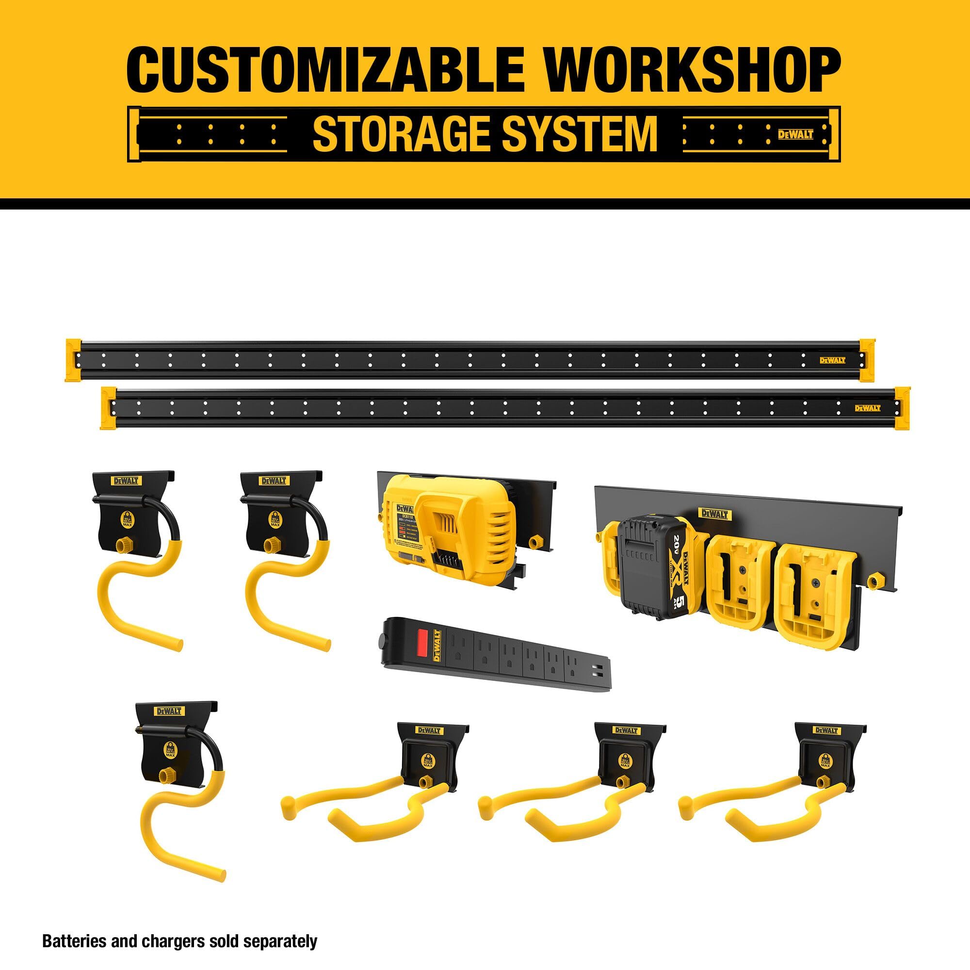 DEWALT Tool Organizer, Wall Mount, Kit for Lawn & Garden Tools, Includes Hooks, 2 Metal Rails, Charger Mount and Magnetic Power Strip, DEWALT Workshop Storage System Compatible (DWST82826)