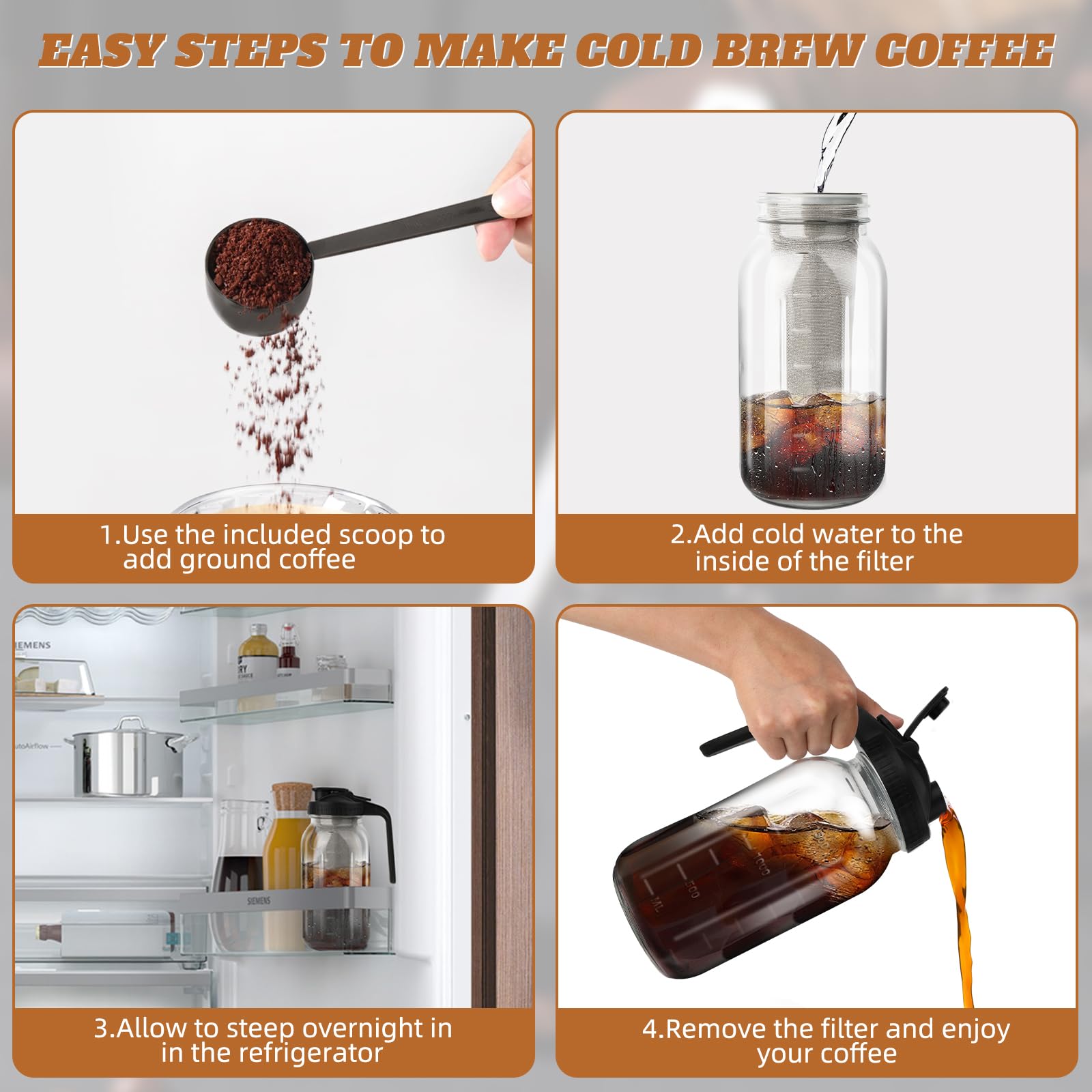 Cold Brew Coffee Maker - 64 oz Wide Mouth Mason Jar Pitcher with Stainless Steel Filter, Coffee Scoop, and Cleaning Brush -Glass Pitcher for Iced Coffee, Tea - Includes Pour Spout Handle Lid