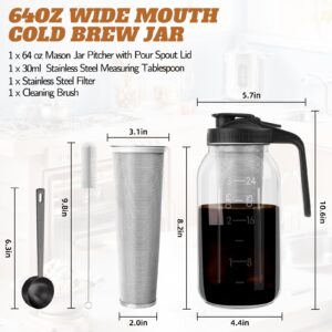 Cold Brew Coffee Maker - 64 oz Wide Mouth Mason Jar Pitcher with Stainless Steel Filter, Coffee Scoop, and Cleaning Brush -Glass Pitcher for Iced Coffee, Tea - Includes Pour Spout Handle Lid